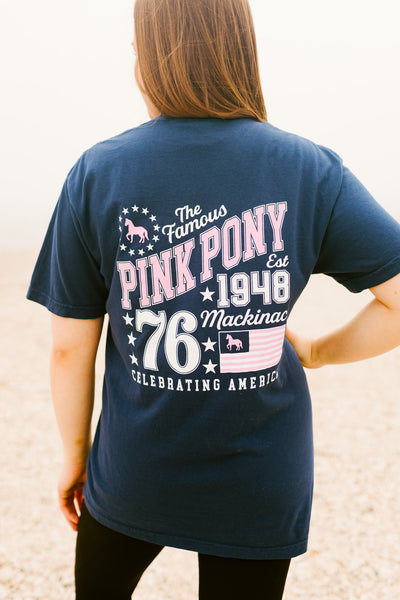 Famous Pink Pony Flag T-Shirt-Navy