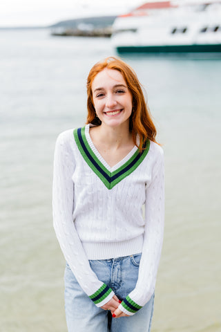 Cable Knit Vee Sweater White