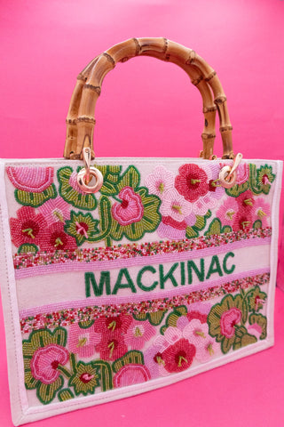 Bamboo Handle Beaded Geranium Tote