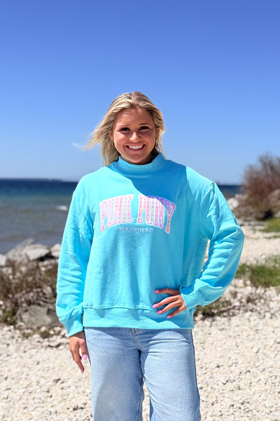 Gingham Mock Neck Sweatshirt-Mint/Aqua
