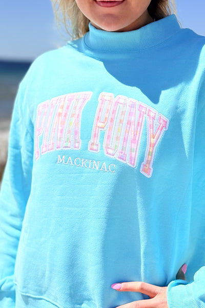 Gingham Mock Neck Sweatshirt-Mint/Aqua
