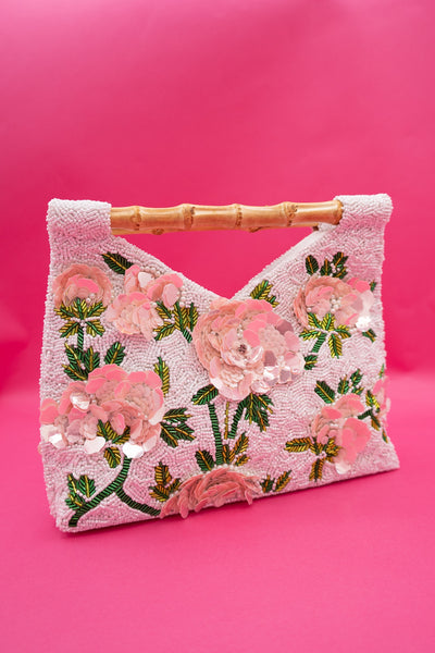 Bamboo Handle Beaded Floral Mackinac Handbag