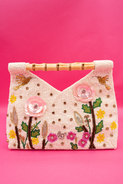 Bamboo Handle Beaded Mackinac Flowers Handbag