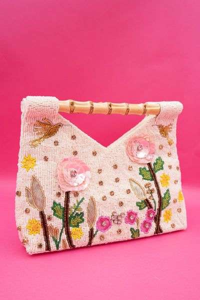 Bamboo Handle Beaded Mackinac Flowers Handbag
