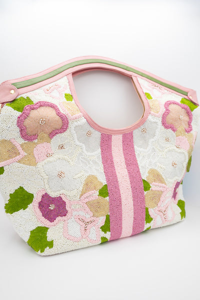 Beaded Cut Out Handle Raised Flowers Tote