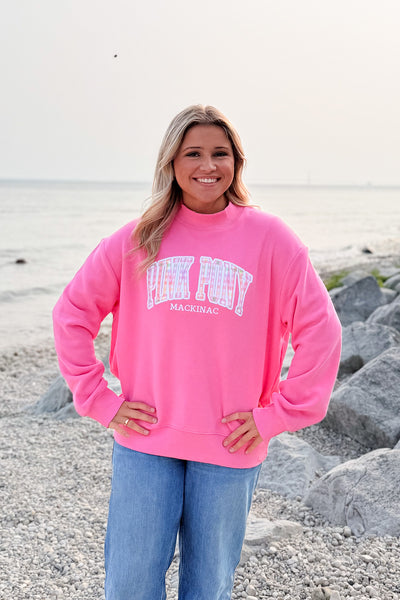 Gingham Mock Neck Sweatshirt-Hot Pink