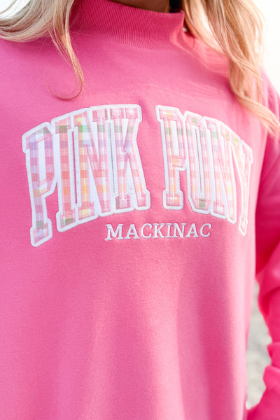 Gingham Mock Neck Sweatshirt-Hot Pink