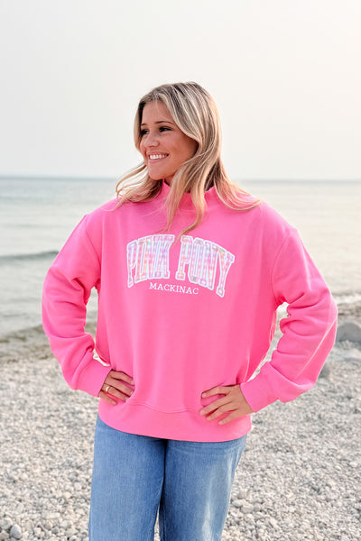 Gingham Mock Neck Sweatshirt-Hot Pink