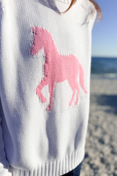 Campus Cotton Pink Pony Sweater-White