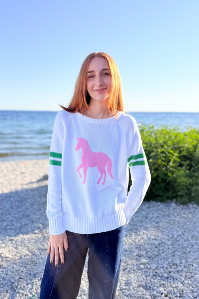 Campus Cotton Pink Pony Sweater-White