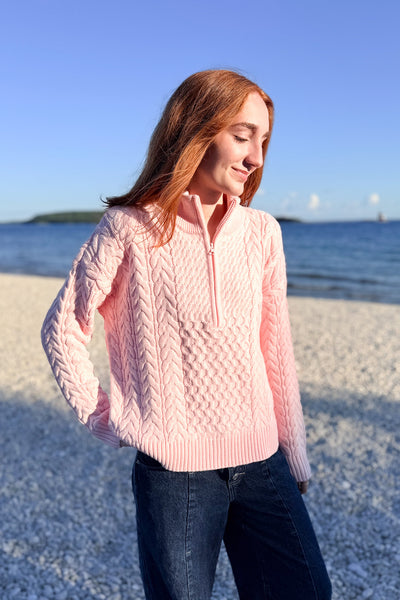 1/2 Zip Cable Cotton Flag Sweater - Pink