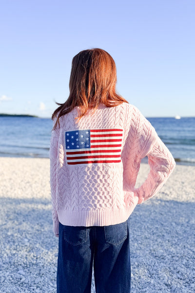 1/2 Zip Cable Cotton Flag Sweater - Pink