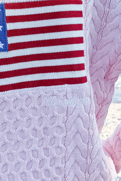 1/2 Zip Cable Cotton Flag Sweater - Pink