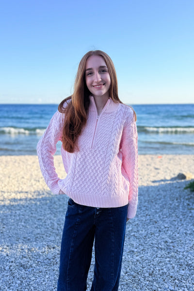 1/2 Zip Cable Cotton Flag Sweater - Pink