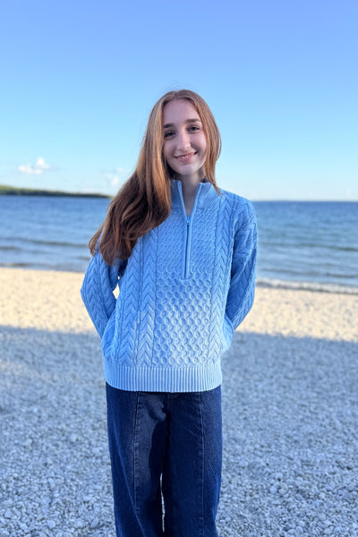 1/2 Zip Cable Cotton Flag Sweater - Lt Blue