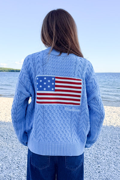 1/2 Zip Cable Cotton Flag Sweater - Lt Blue