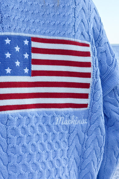 1/2 Zip Cable Cotton Flag Sweater - Lt Blue